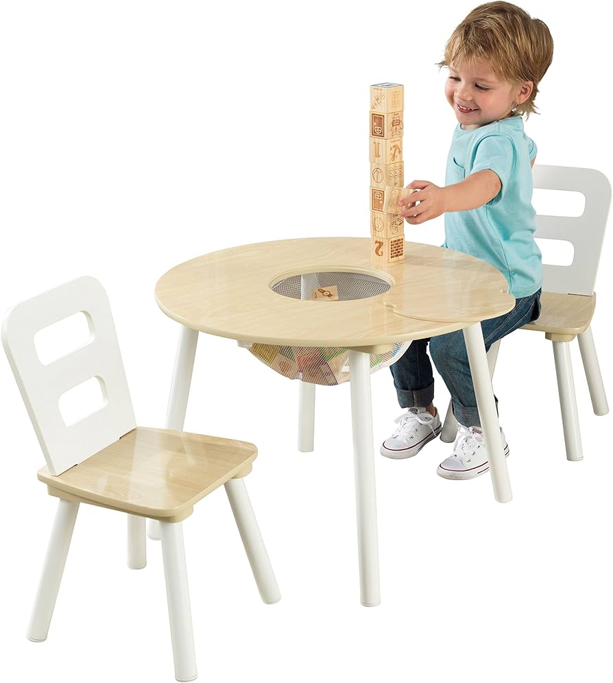 Kidkraft Wooden Round Table & 2 Chair Set With Center Mesh Storage - Natural & White