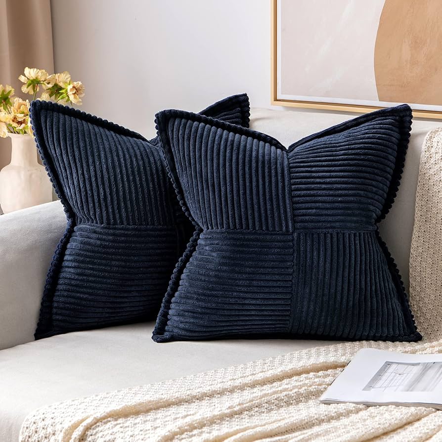 Miulee Blue Corduroy Pillow Covers 18x18 Inch With Splicing Set Of 2 Super Soft Boho Striped Pillow Covers Broadside Decorative Spring Textured Throw Pillows For Couch Cushion Bed Livingroom : Home & Kitchen