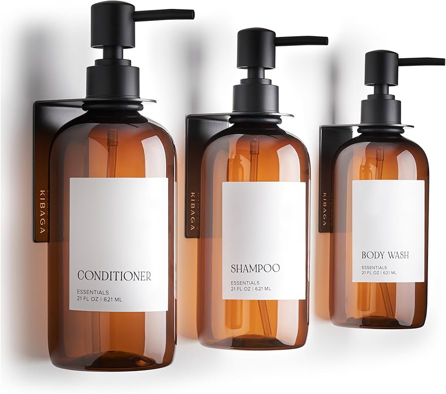 Stylish Shampoo And Conditioner Dispenser Set Of 3 For Wall Mount - Modern Drill Free 21oz Shower Soap Bottles With Labels - Easy Refill Body Wash Dispensers For An Instant Bathroom Decor Upgrade : Home & Kitchen