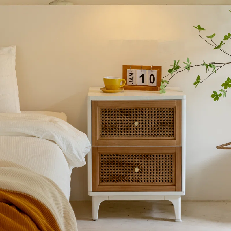 Aril 2-Drawer Woven Cane Front Accent Nightstand with Brass Knobs