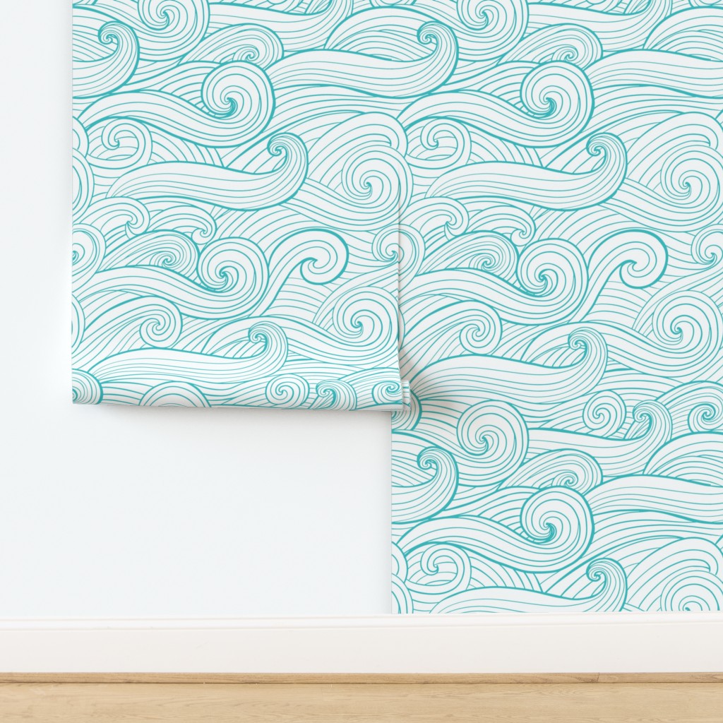 Hand-drawn Waves , Swirls Turquoise Wallpaper