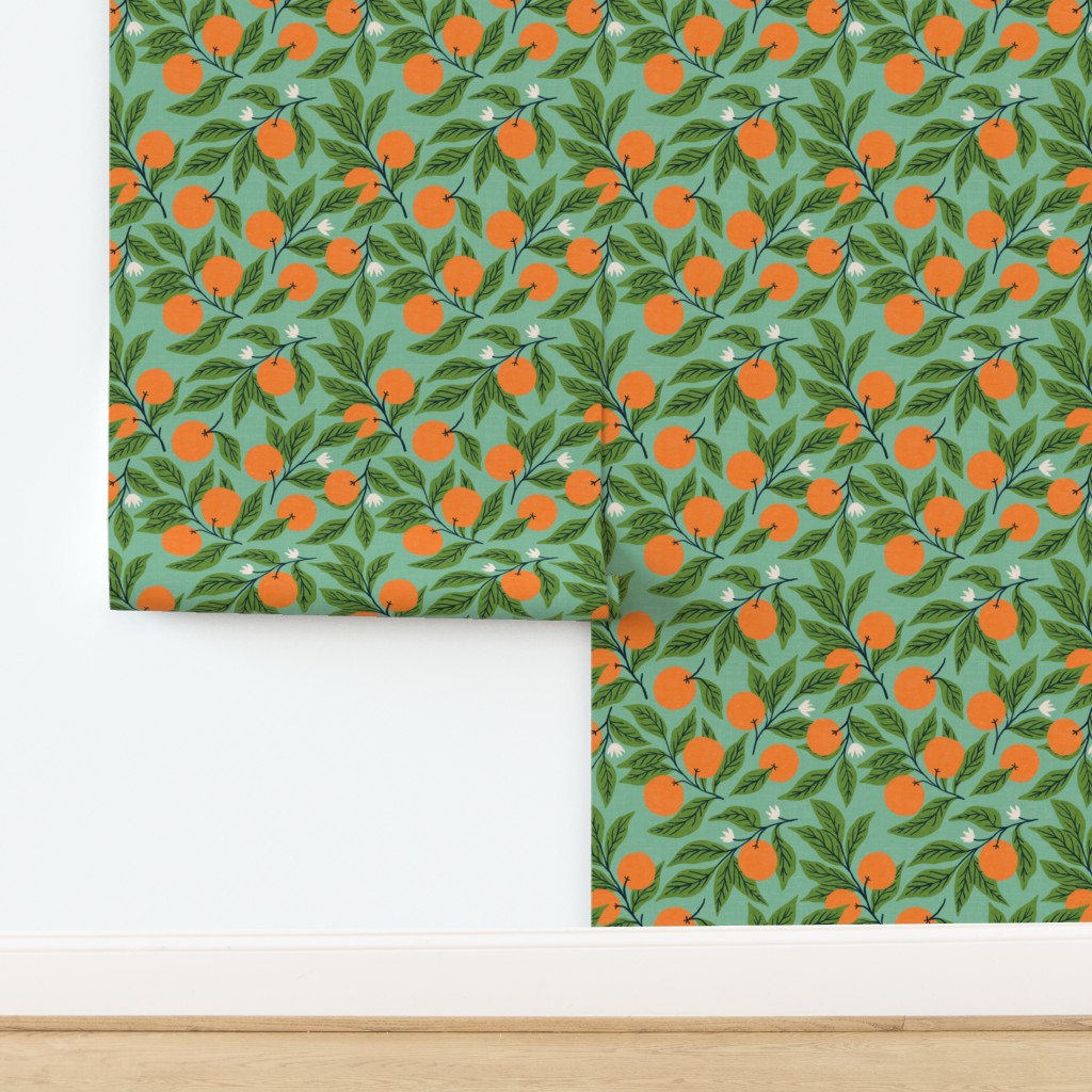 Medium - Orange Blossoms - Mint Wallpaper