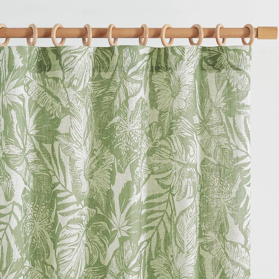 Jinchan Thick Linen Curtains 96 Inches Long Leaf Pattern Curtains For Living Room Bedroom Sage Green Floral Curtains William Morris Curtains Tropical French Country Farmhouse Curtains Set 2 Panels : Home & Kitchen