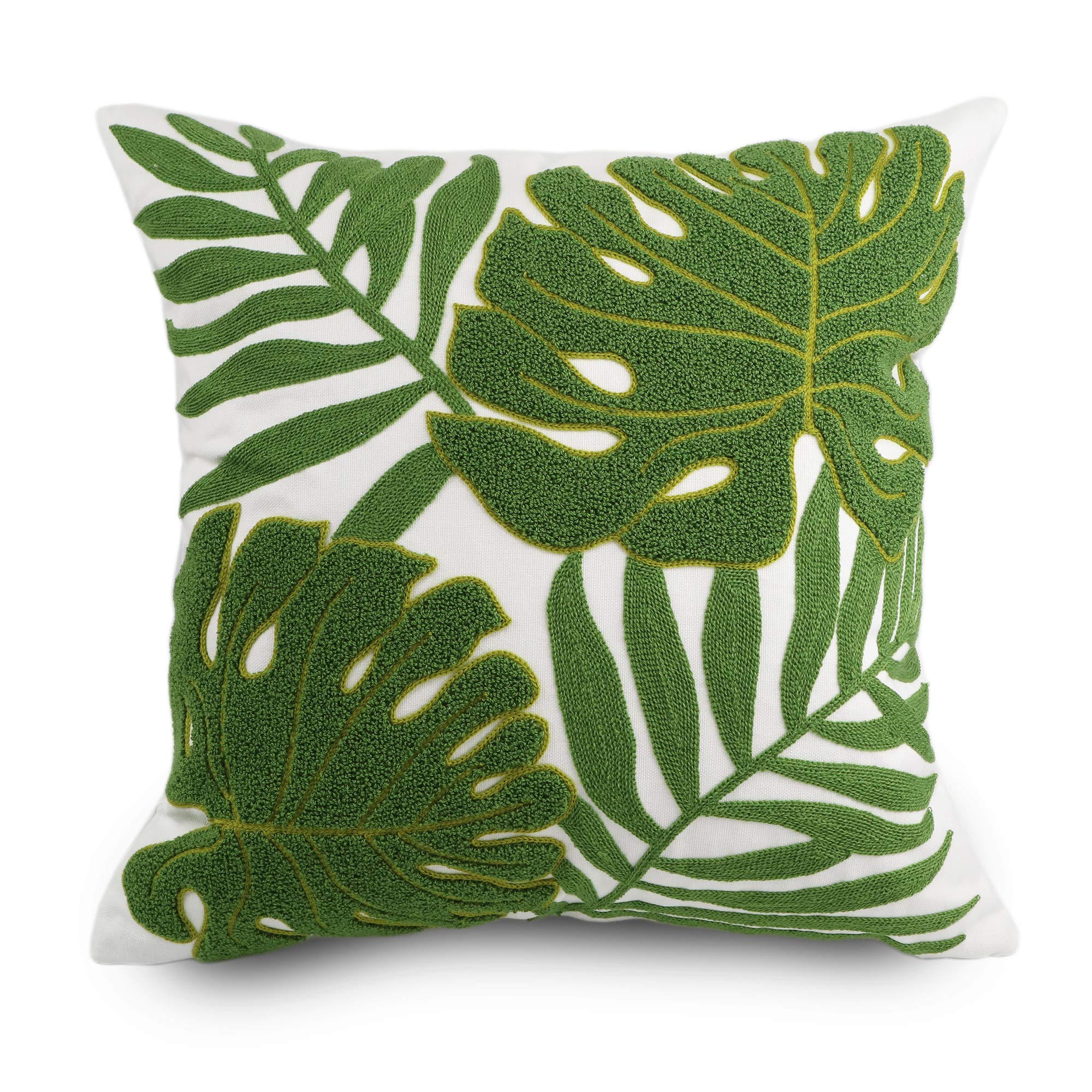 Hodeco Embroidery Throw Pillow Covers 18x18 Home Decor Loop Tropical Green Leave Floor Pillow Cover For Couch 100% Cotton Canvas Cushion Cover Pillow Case Plant Monstera Leaf 45x45