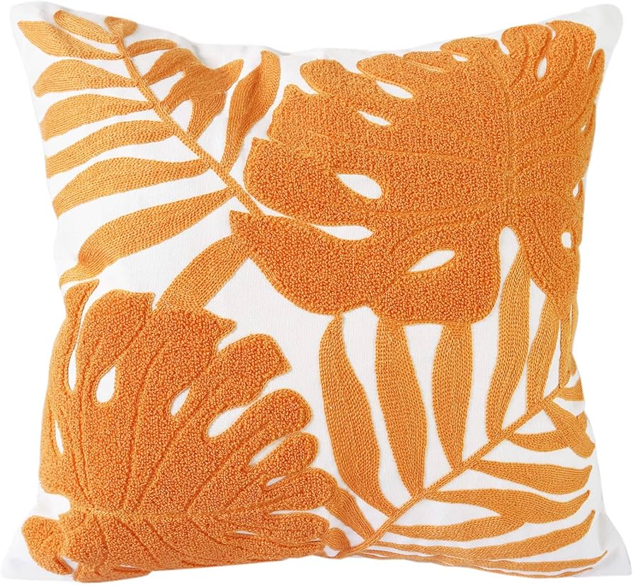 Hodeco Embroidery Throw Pillow Covers 18x18 Home Decor Floor Pillow Cover For Couch Bed Chair 100% Cotton Loop Embroidered Orange Tropical Leaves Cushion Cover Square Pillowcase 45x45cm