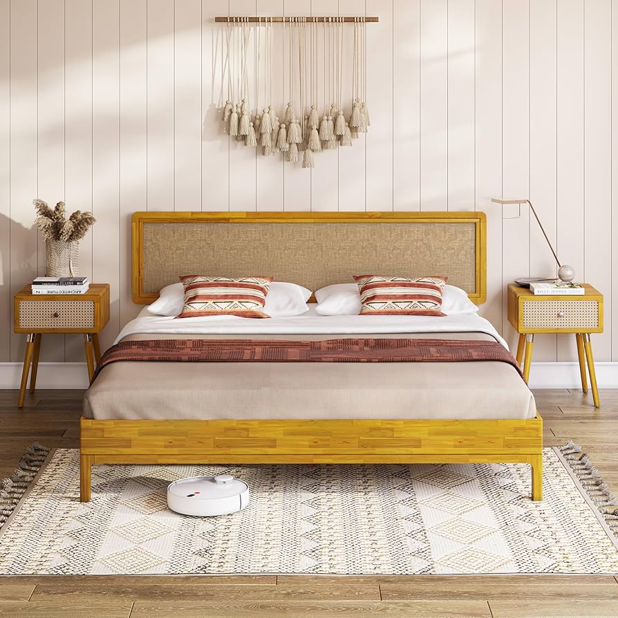 Bme Nipe King 14 Inch Bohemian Bed Frame With Adjustable Woven Headboard - Rustic & Vintage Unique Style With Rubber Wood - No Box Spring Needed - Easy Assembly - Natural : Home & Kitchen
