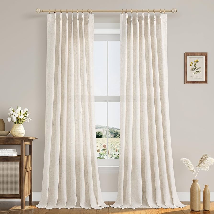 Pinch Pleated 90 Inch Curtains 2 Panels For Living Room Cream Beige Linen Curtains 90 Inches Long Pinch Pleat Drapes For Track System Light Filtering Semi Sheer Curtains For Dining Bedroom Office : Home & Kitchen