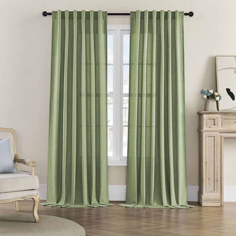 Donren Sage Green Curtains 84 Inch Length For Living Room 2 Panel Back Tab Rod Pocket Drape Light Filtering Semi Sheer Linen Textured Curtain For Bedroom Modern Farmhouse Decor 60x84 Long : Home & Kitchen