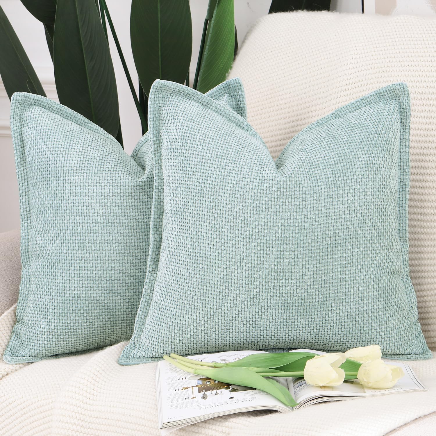 Madizz Chenille Velvet Throw Pillow Covers With Flange Set Of 2 Super Soft Boho Textured Pillow Covers Decorative Throw Pillowcases Modern Farmhouse Home Decor For Sofa Bedroom Light Blue 24x24 Inch : Home & Kitchen