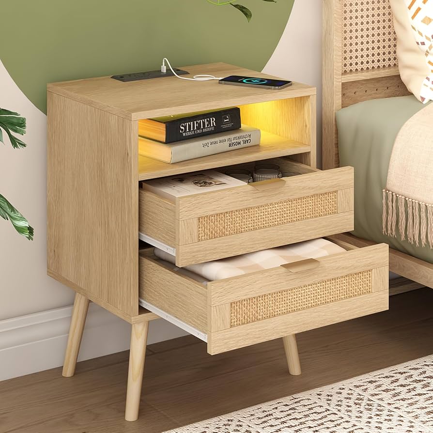 Halitaa Rattan Nightstands Set Of 2 With Charging Station And Led Lights