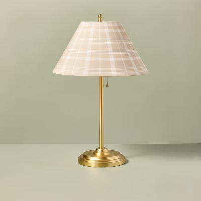 23" Brass Accent Table Lamp With Classic Plaid Shade Cream/tan - Hearth & Hand™ With Magnolia