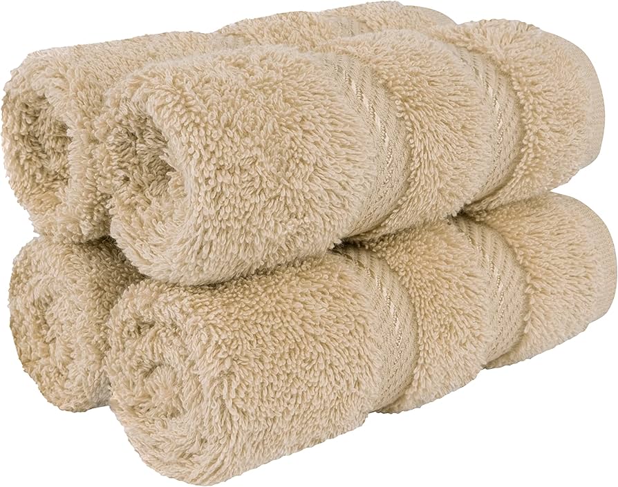 American Soft Linen Luxury Washcloths for Bathroom, 100% Cotton 4 Piece Turkish Wash Cloth Set, 13x13 in Soft Rags for Body and Face, Beige Washcloths