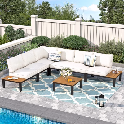 Captiva Designs 6pc Outdoor Conversation Set With Sectional Sofa Taupe Gray: Durable Patio Ensemble, Water-resistant