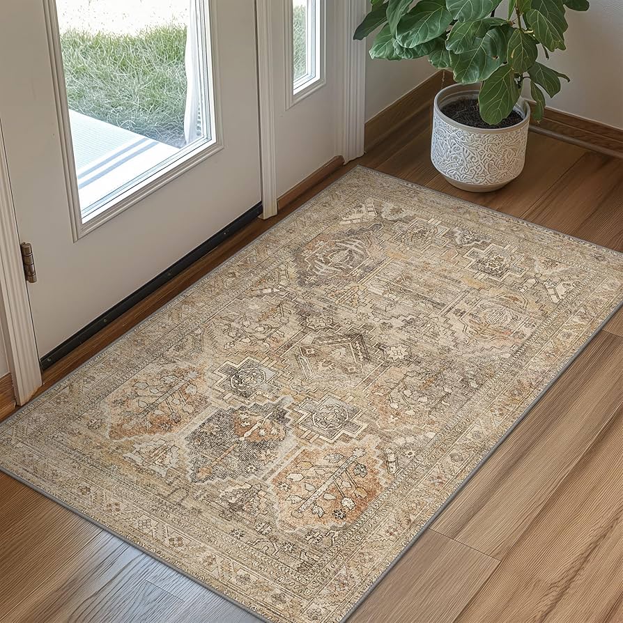 Bavni Area Rug 2x3 Machine Washable Vintage Distressed Print Ultra-thin Chenille Hallway Bedroom Kitchen Entrance Accent Rug