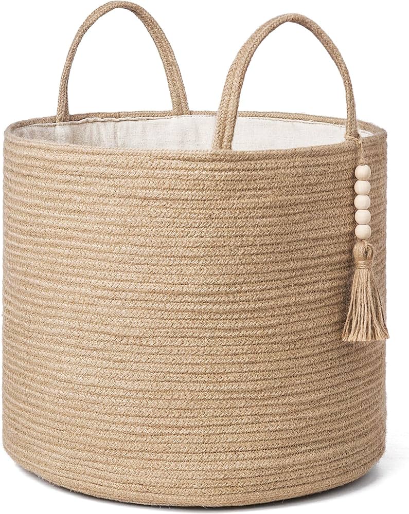 Mkono Woven Storage Basket Decorative Natural Rope Basket Wooden Bead Decoration For Blankets