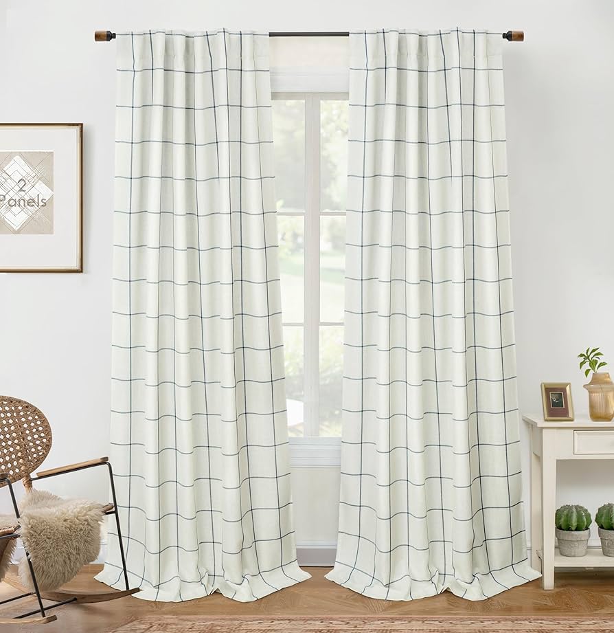 Driftaway 2 Panels 100% Blackout Windowpane Plaid Linen Curtains Double Layer Drapes For Bedroom 96 Inches Long Farmhouse Thermal Insulated 3.25 Inch Rod Pocket Back Tab For Living Room Gray : Home & Kitchen