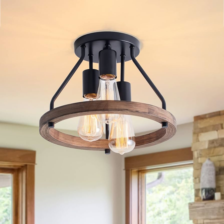 Viluxy Industrial Flush Mount Ceiling Light Fixture With Retro Wood Circle Shade For Hallway