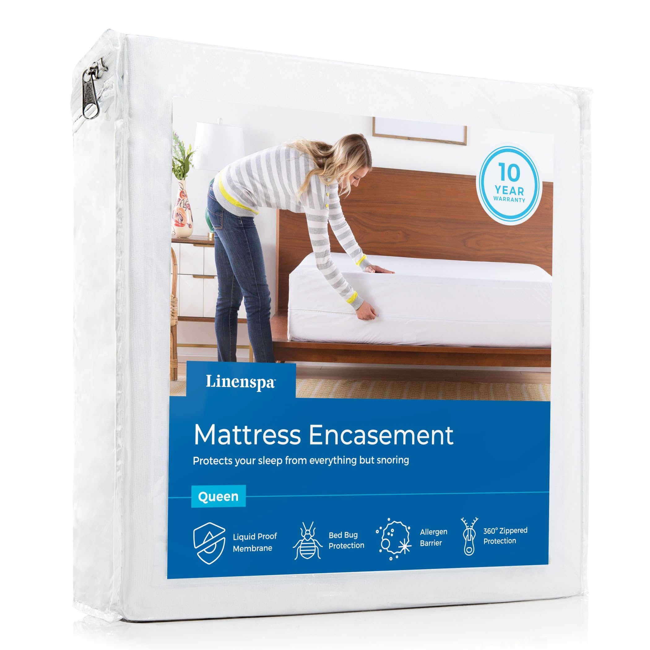 Linenspa Zippered Mattress Encasement - Waterproof & Bed Bug Proof - Premium Noiseless & Absorbent Cover – Queen