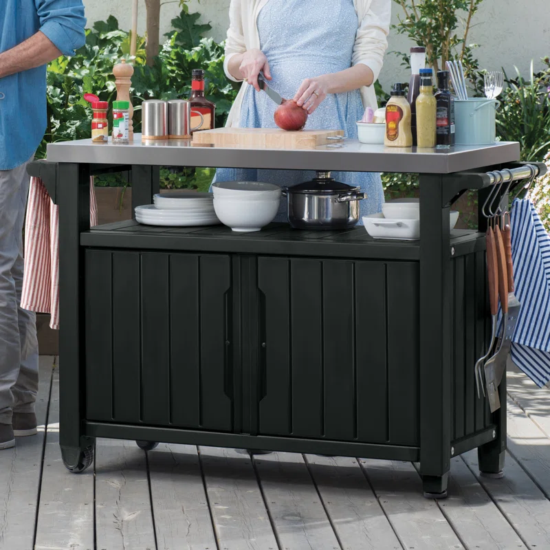 Winston Porter Arrilla Bar Cart Portable Outdoor Table Made Of Durable Wood Look Resin And Stainless Steel Countertop Ideal For Kitchen Prep And Grilling