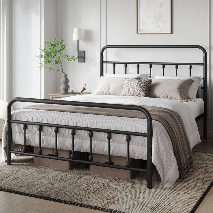 August Grove Classic Iron Platform Bed With High Headboard And Footboard