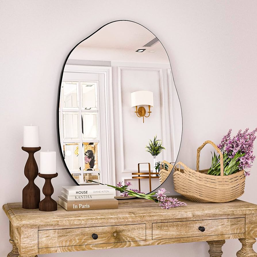 Harritpure Irregular Wall Mirror 24"x32" Black Asymmetrical Bathroom Mirror Wood Framed Modern Decorative Vanity Mirrors For Bedroom Living Room Entryway : Home & Kitchen