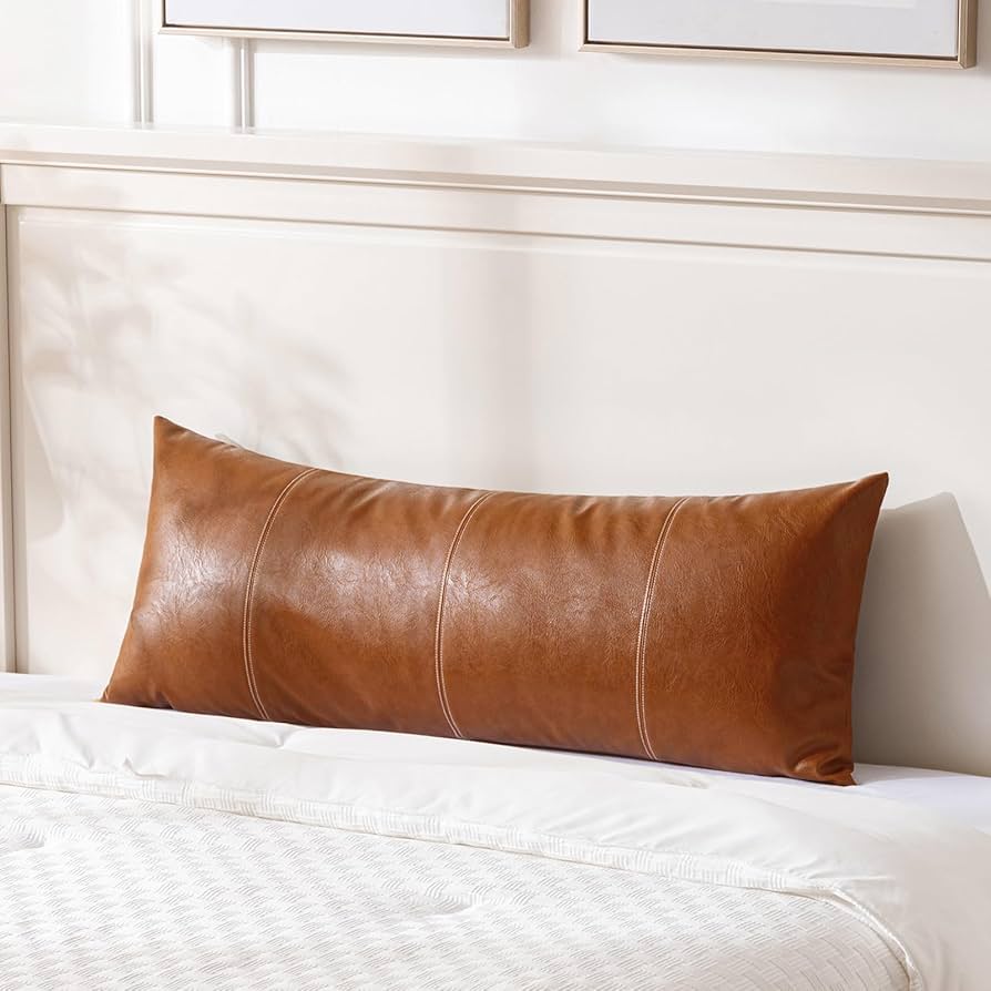 Fancy Homi Brown Boho Long Lumbar Faux Leather Body Decorative Throw Pillow Cover 14x36 Inch For Bedroom Couch Bed Sofa Bench