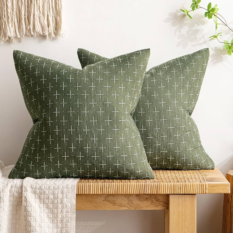 Miulee Pack Of 2 Decorative Burlap Linen Throw Pillow Covers Christmas Modern Farmhouse Pillowcase Rustic Woven Textured Cushion Cover For Sofa Couch Bed 20x20 Inch Olive Green : Home & Kitchen