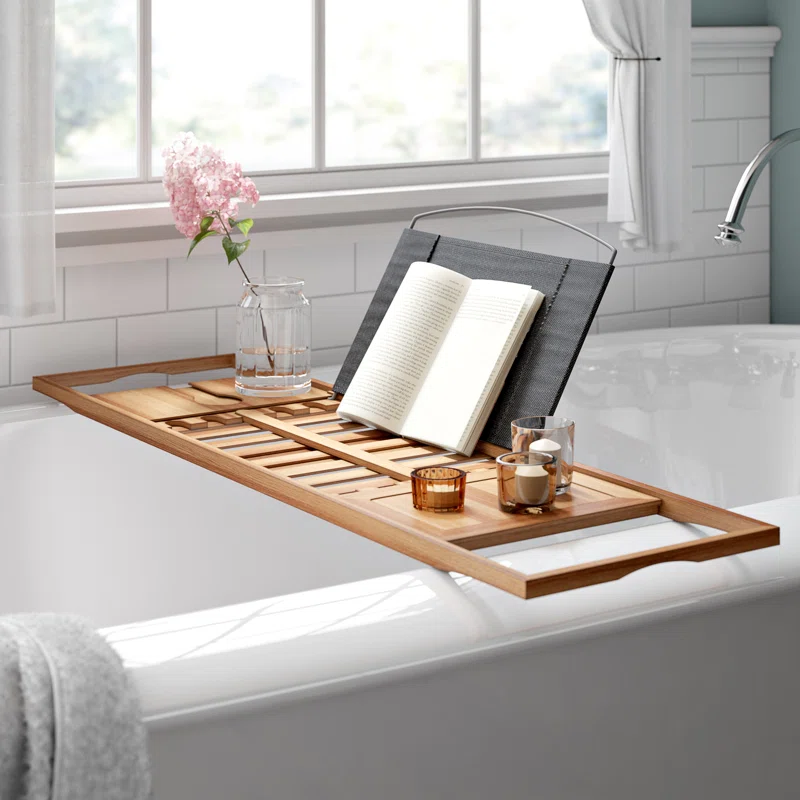 Rebrilliant Gardner Bamboo Bathtub Tray Wood Bath Caddy With Book Phone Or Tablet Rest Cup Holder And Extended Sides For Bath Accessories By Home Complete