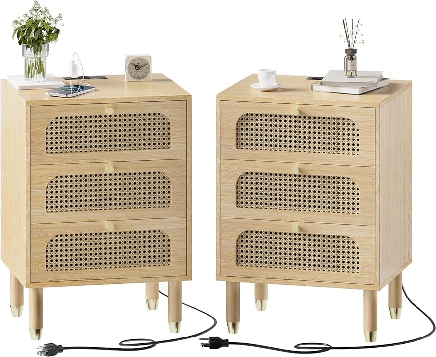 Vingli Rattan Nightstands Set Of 2 With Charging Station
