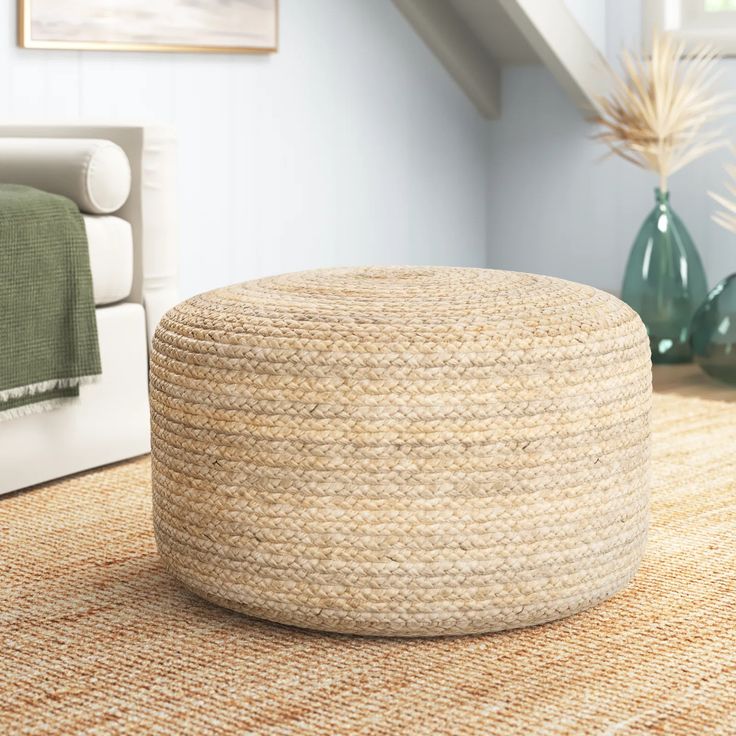Braided Jute Pouf Ottoman Sand Stable Shipka 29 Wide Round 100 foot Stool By Jaipur Living