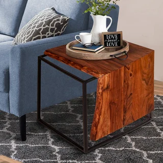 Solid Acacia Wood Accent End Side Table, Live Edge, Metal Frame, Brown, Black - Bed Bath & Beyond - 33874272
