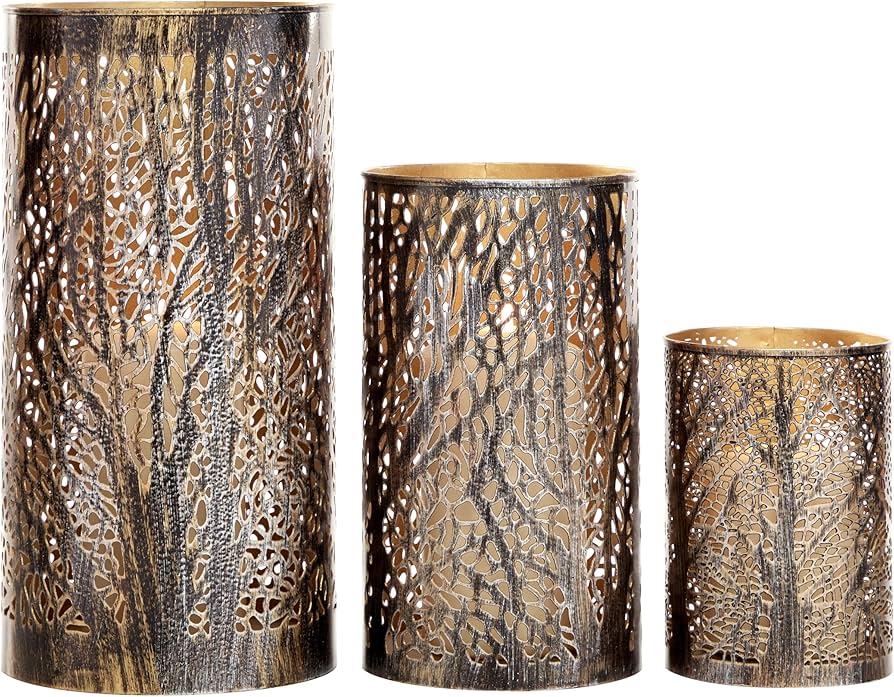 Deco 79 Metal Indoor Outdoor Candle Lantern Cutout Tree Branch Lantern Candle Holder With Gold Interior