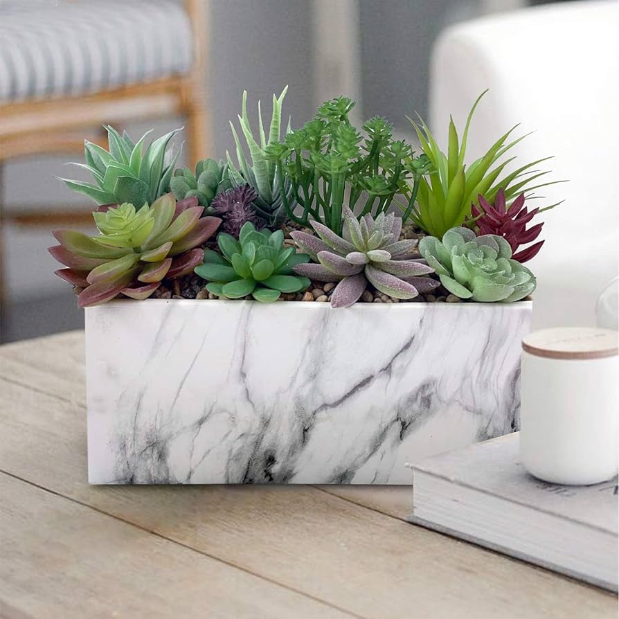 Ceramic-marble Artificial Succulent Planter Set - 11 Piece Flora Faux Potted Succulent Arrangement For Modern Home
