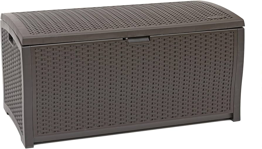 Suncast Dbw9200 99 Gallon Outdoor Wicker Plastic Patio Storage Chest Bin With Handles For Patio