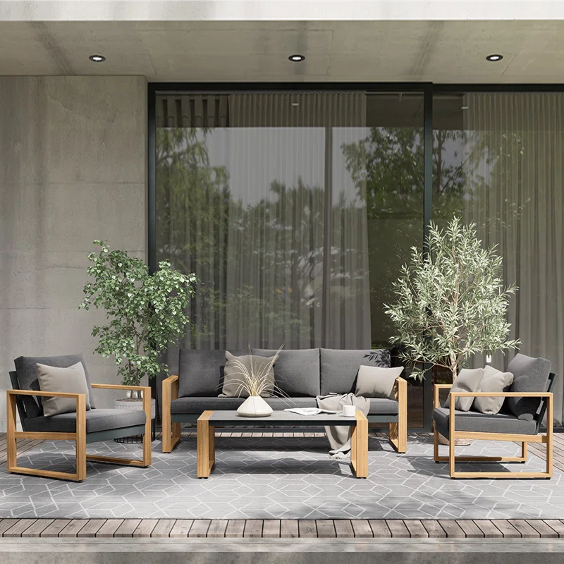 Wade Logan Arunas 5 Person Outdoor Conversation Furniture Set Seating Group With Wood Pattern And Cushions