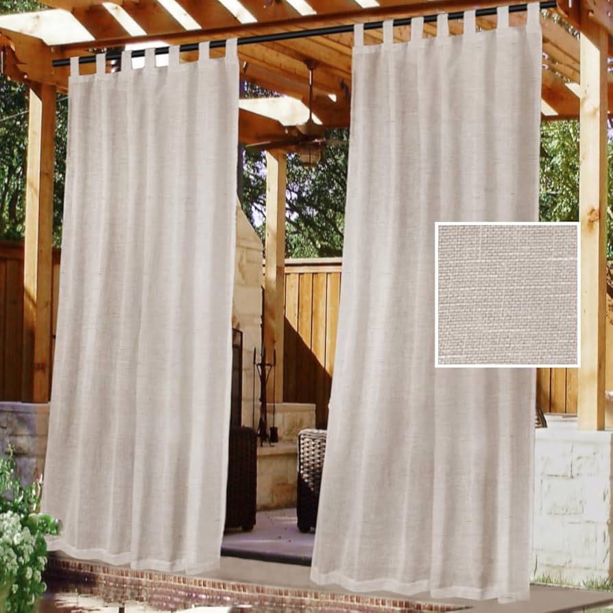 H.versailtex Outdoor Linen Sheer Curtains For Patio Waterproof - Outdoor Divider Privacy Added Light Filtering Porch Decor With Detachable Self-stick Tab Top For Gazebo