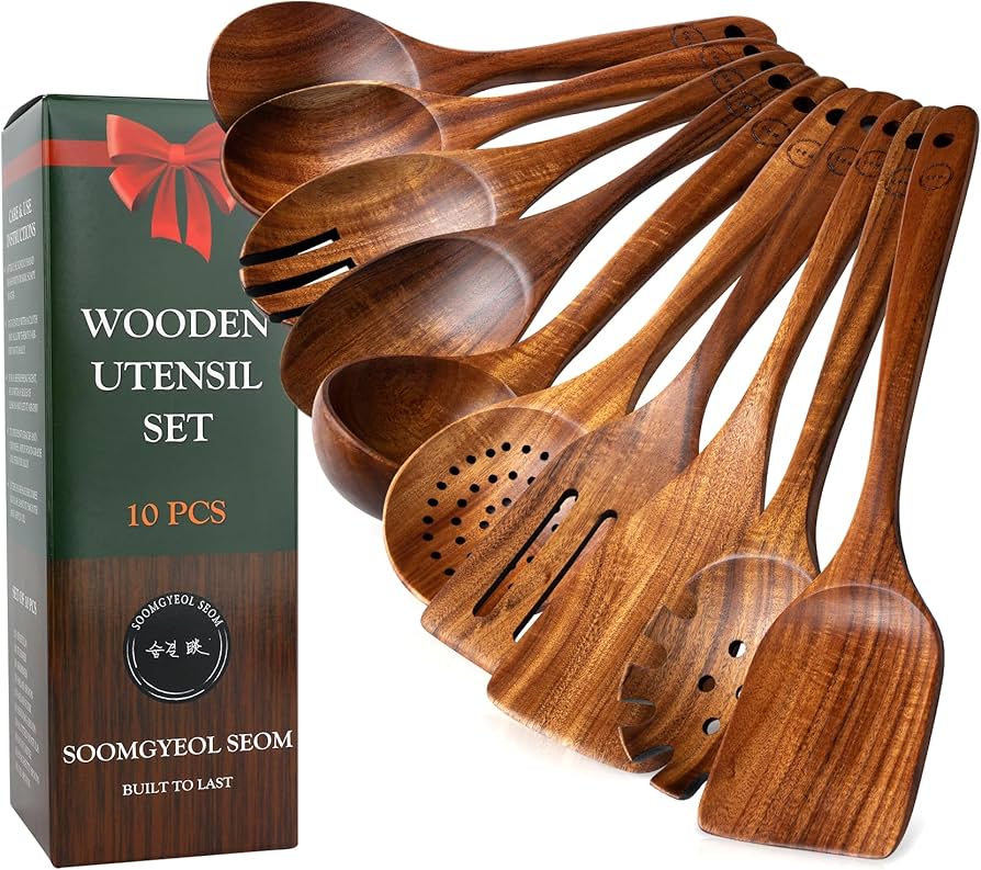 Wooden Spoons For Cooking - 10 Pcs Teak Wood Cookware Utensil Set With Smooth Finish - Non-stick