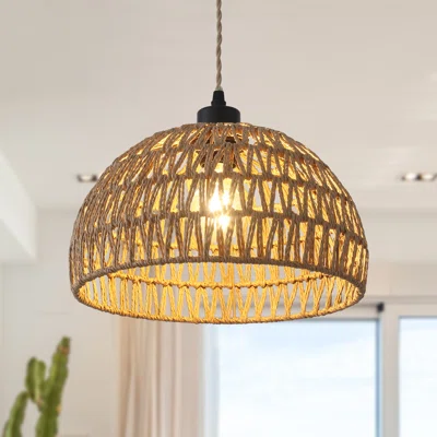 Bay Isle Home Derica 1 Light 1181in Plug In Woven Rattan Dome Pendant With Rope Accents Boho Style 1476 Feet Cord
