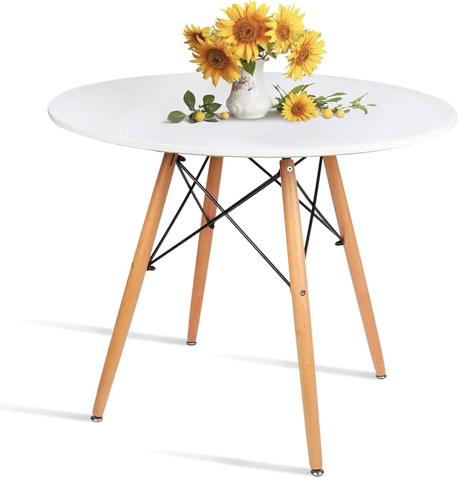 Round White Dining Kitchen Table Modern Leisure Table 32" With Wooden Legs For Office & Conference 2 To 4 People - Tables
