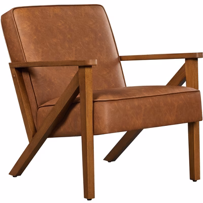Yaheetech Faux Leather Armchair Accent Chair With Wood Legs For Living Room, Light Brown
