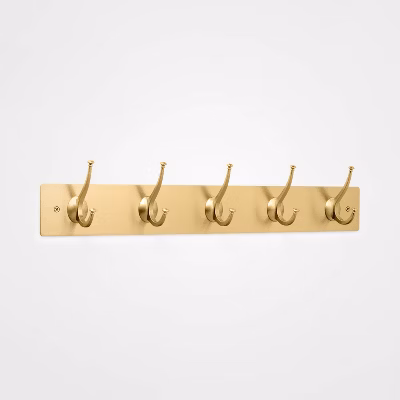 New Traditional 5 Hooks Rail Gold - Threshold™: Wall Mounted Decorative Hook Rack, Light Gold, Zinc Alloy, 40lb Capacity