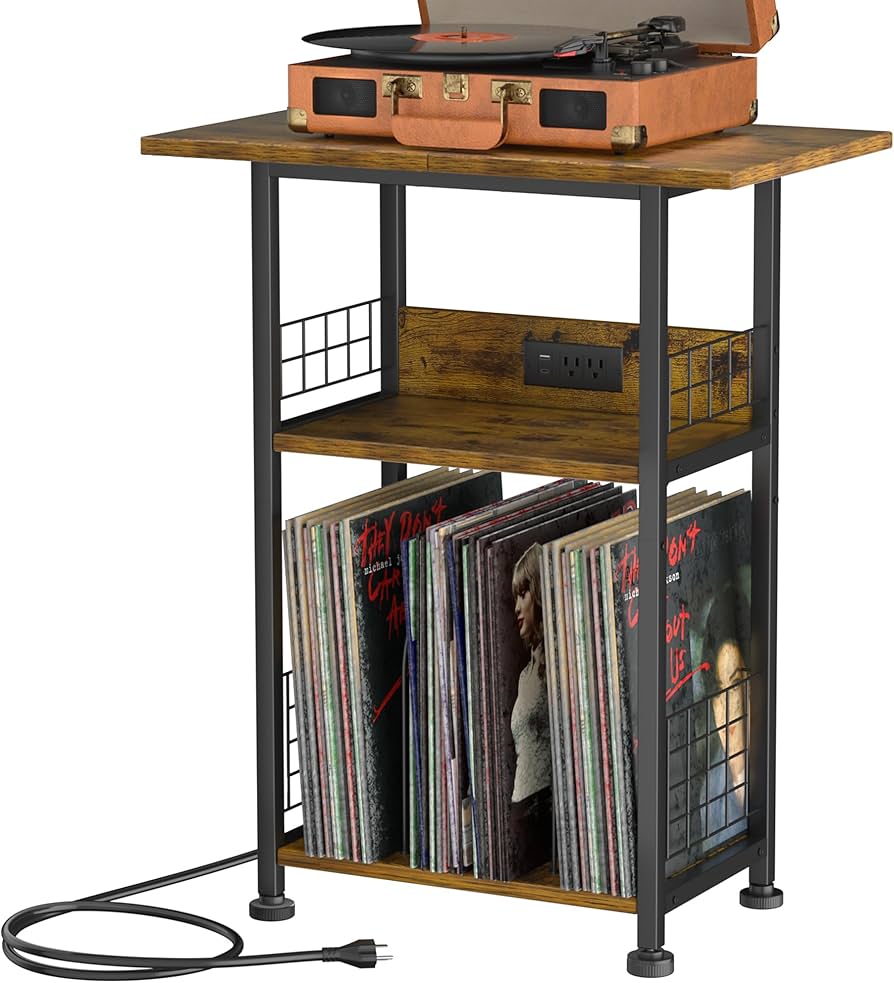 Plooht Record Player Stand - 3 Tier End Table With Charging Station