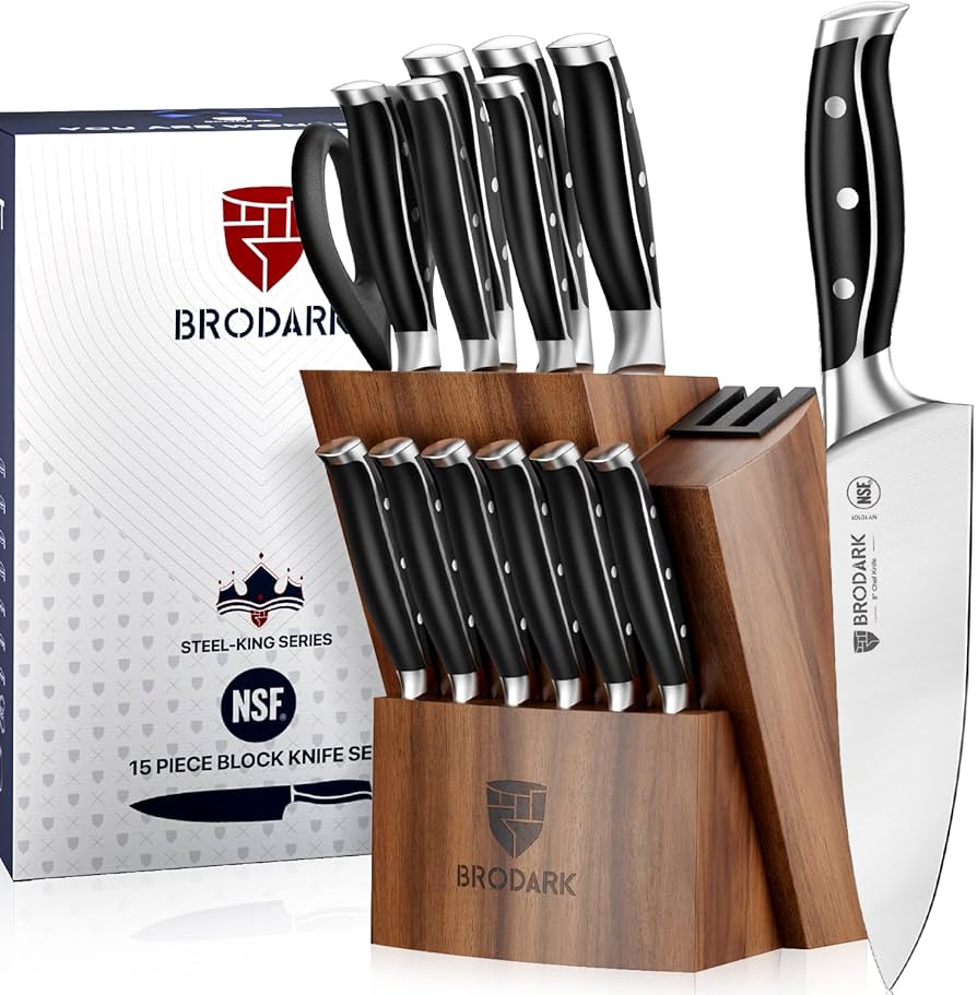 Brodark Kitchen Knife Set With Block: Full Tang 15 Pcs Professional Chef Knife Set With Built-in Sharpener