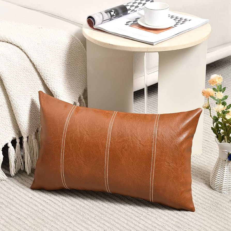 Fancy Homi Brown Boho Long Lumbar Faux Leather Decorative Throw Pillow Covers 12x24 Inch For Living Room Couch Bed Sofa
