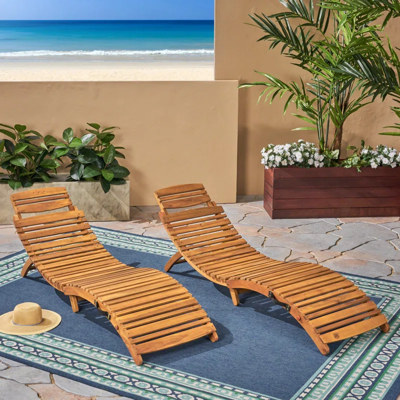Highland Dunes Armond 7225 Long Acacia Chaise Lounge Set