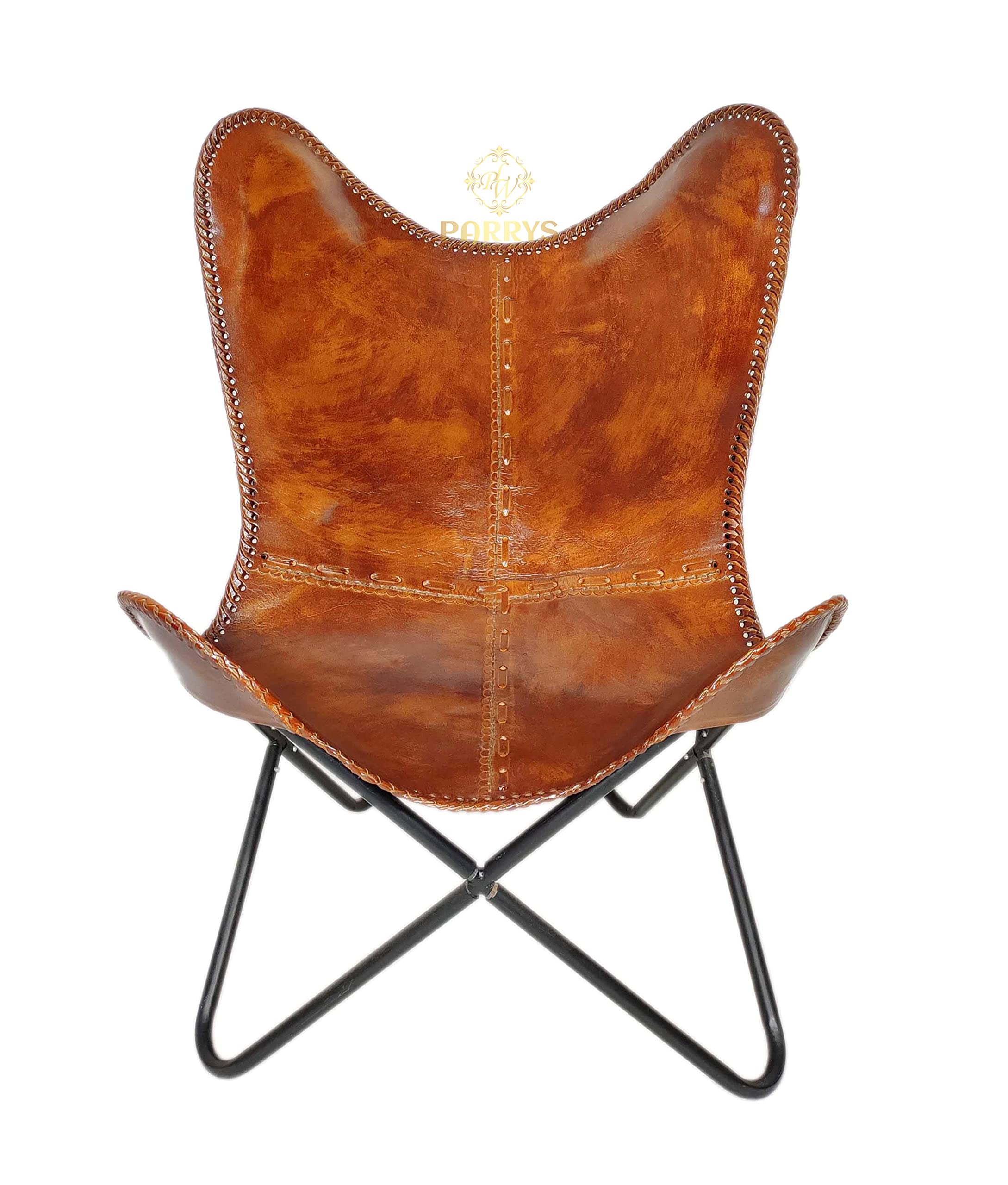 Parrys Leather World Tan Buffalo Leather Butterfly Chair Powder Coated Iron Frame Comfortable Arm Recliner Openable Camping Vanity For Living Room Indoor/outdoor Chair : Patio