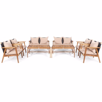 Tangkula 8pcs Patio Rattan Furniture Set Wood Frame Cushioned Sofa With Coffee Table Sectional Conversation Sofa Set For Garden Brown