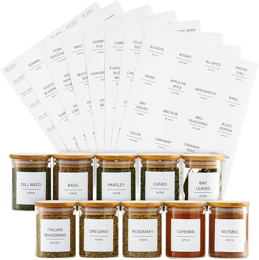 Talented Kitchen 184 Spice Labels & Stickers For Herbs - Water-resistant Preprinted White Jar Labels