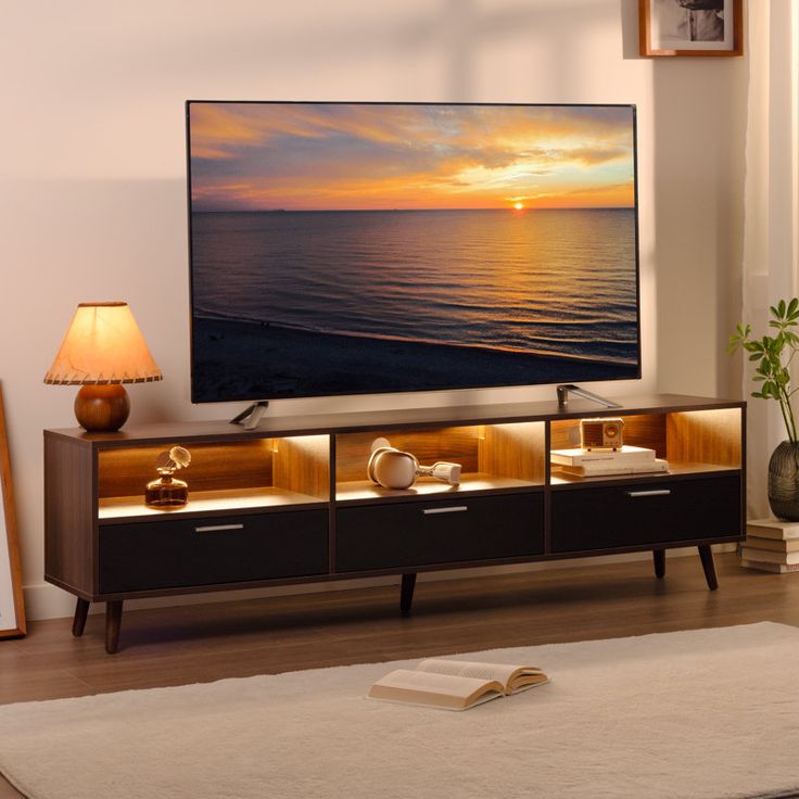 Wrought Studio Isandro Tv Stand For Tvs Up To 75 Modern Entertainment Center With Led Lights And Storage
