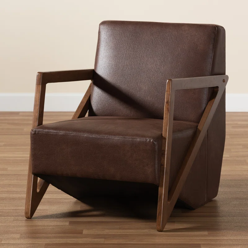 George Oliver Cadi Li Mid Century Modern Transitional Dark Brown Faux Leather Effect Fabric Upholstered And Walnut Brown Finished Wood Accent Chair